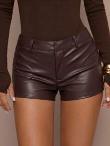 SHEIN BAE Pantalones cortos de unicolor para mujer de moda para ir al trabajo - Marrón Chocolate - Ver 6