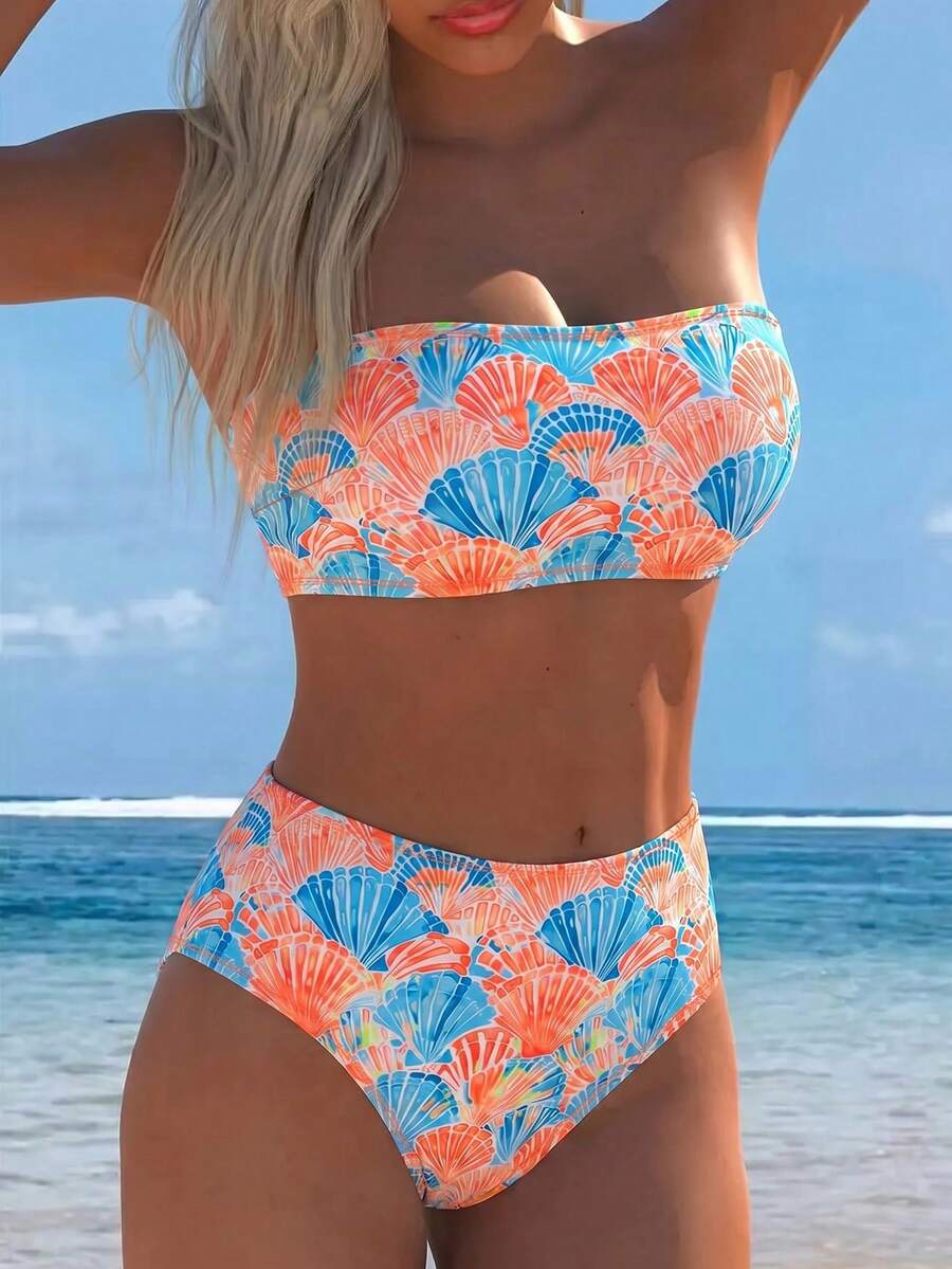 Swim Lushoire 女款夏季度假海灘性感海洋彩色貝殼印花可拆卸細肩帶平胸式高腰比基尼套裝 - 彩色 - 查看 1