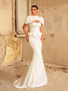 Aureia Elegant Classy Modest Glamorous White All White Satin Mermaid Wedding Formal Evening Dress Corset Sweetheart Cape Stand Collar 3D Floral Lace Fall - White - View 7