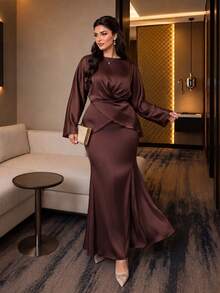 Auveirra 2026秋冬大码女装套装，优雅交叉前襟长袖上衣搭配直筒长裙两件套，适合乡村音乐会、婚礼宾客、约会之夜、正式场合、派对等，性感修身，通勤穿着也十分舒适。 - 棕色 - 查看 5