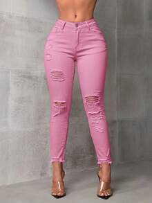 SHEIN SXY Casual Solid Color Distressed Slim Fit Denim Jeans - Pink - View 2