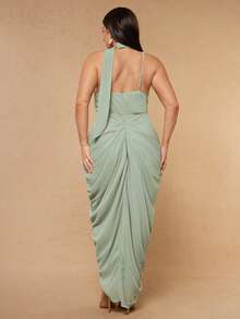 SHEIN BAE CURVE Plus Size Women's Sage Green Elegant Celestial Sexy Dress, Pleated Slit Asymmetrical Evening Wedding Guest Dinner Summer - Green - View 2