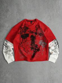 ROMWE MEN Men's Colorblock Patchwork Gothic Print T-Shirt - Red - View 3