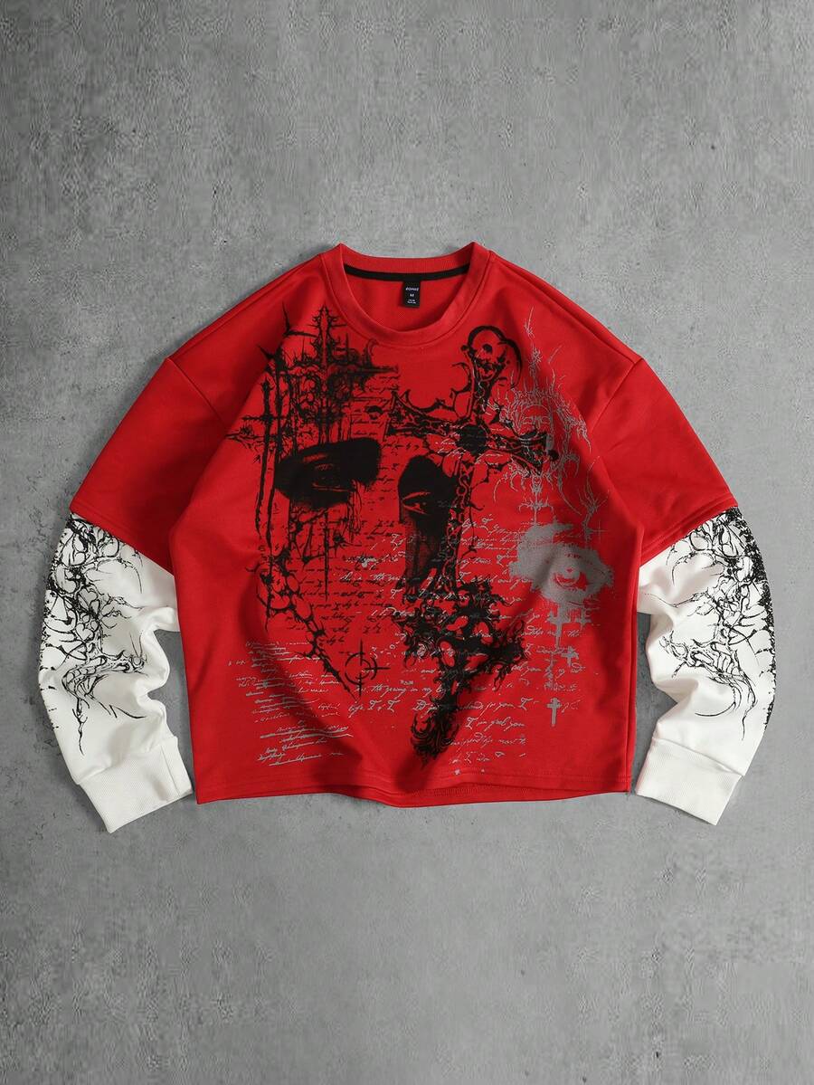 ROMWE MEN Men's Colorblock Patchwork Gothic Print T-Shirt - Red - View 1