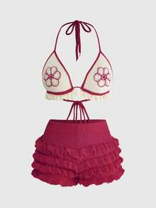 ROMWE Plus Size Spring Cute Floral Triangle Cup Swimsuit With Knit Beach Cover-Up Top And Mini Shorts Set - Hot Pink - View 2
