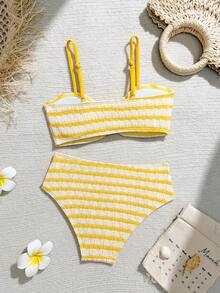 SHEIN 青少年女孩夏季海灘條紋拼接細肩帶比基尼三角褲兩件式泳衣套裝 - 黃色 - 查看 2