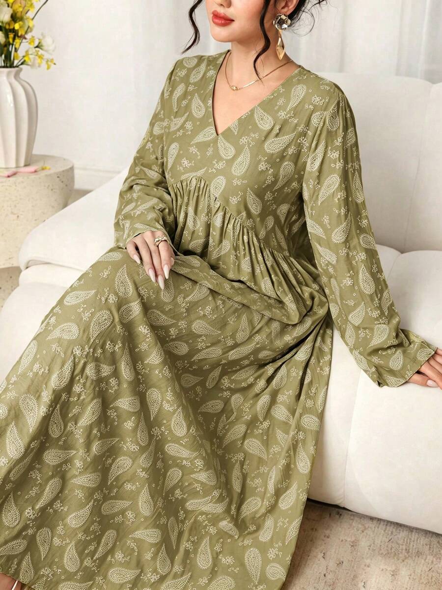 Al Najma Nuevo vestido árabe de manga larga con cuello en V, cintura alta y línea A con estampado de vacaciones del Medio Oriente - Amarillo - Ver 1