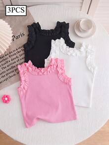 SHEIN Genkimix Kids 少女 3 件組：夏季純色荷葉邊背心上衣－粉色、白色與黑色 - 彩色 - 查看 3