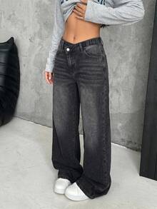 SHEIN 青少年女孩黑色丹寧不對稱腰寬鬆寬腿長褲，搭配白色襯衫 - 黑色 - 查看 6