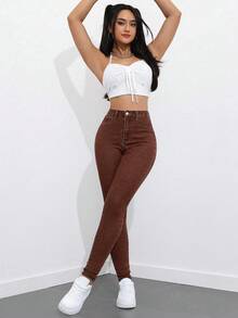 SHEIN EZwear 大尺碼女款街頭寬鬆休閒彈性舒適巧克力棕色牛仔緊身牛仔褲 約會之夜 早午餐 正式場合 夏季 - 棕色 - 查看 8