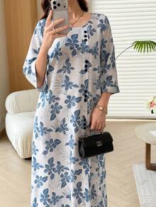 Al Najma 女款花卉印花阿拉伯風洋裝 - 藍色 - 查看 4