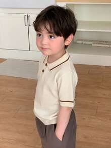 DAZY Infant/Toddler (Boy) Korean Style Striped Solid Color Short Sleeve Polo Collar Top - Beige - View 7