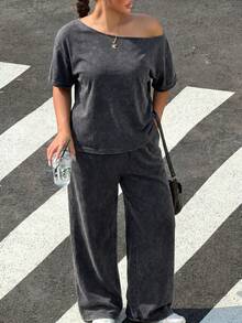 Muchica Asymmetrical Collar Top And Pants Casual 90s Gothic Modest Plus Size Women's Set Office Vacation Cruise Black Summer - Dark Grey - View 6