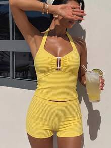 SHEIN Swim Springbreak 女款海灘派對度假性感熱帶細肩帶比基尼兩件套 短版上衣 紋理條紋布料 高腰 黃色 夏季 - 黃色 - 查看 4