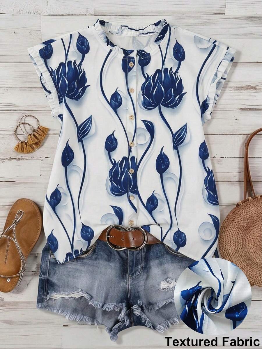 SHEIN Franclia 女款春夏法式復古荷葉邊圓領單排扣無袖襯衫,寬鬆休閒風,適合早午餐度假,白色花卉 - 彩色 - 查看 1