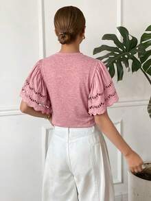 Serisse 女款圓領鏤空刺繡荷葉袖休閒T恤 - 粉色 - 查看 2
