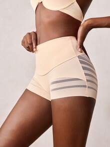Veilyse 1pc Women High Waist Shaping Panties, Striped Lifting Mesh Waist Slimming Pants, Abdomen Control Flat Belly Shapewear Shorts - Apricot - View 7