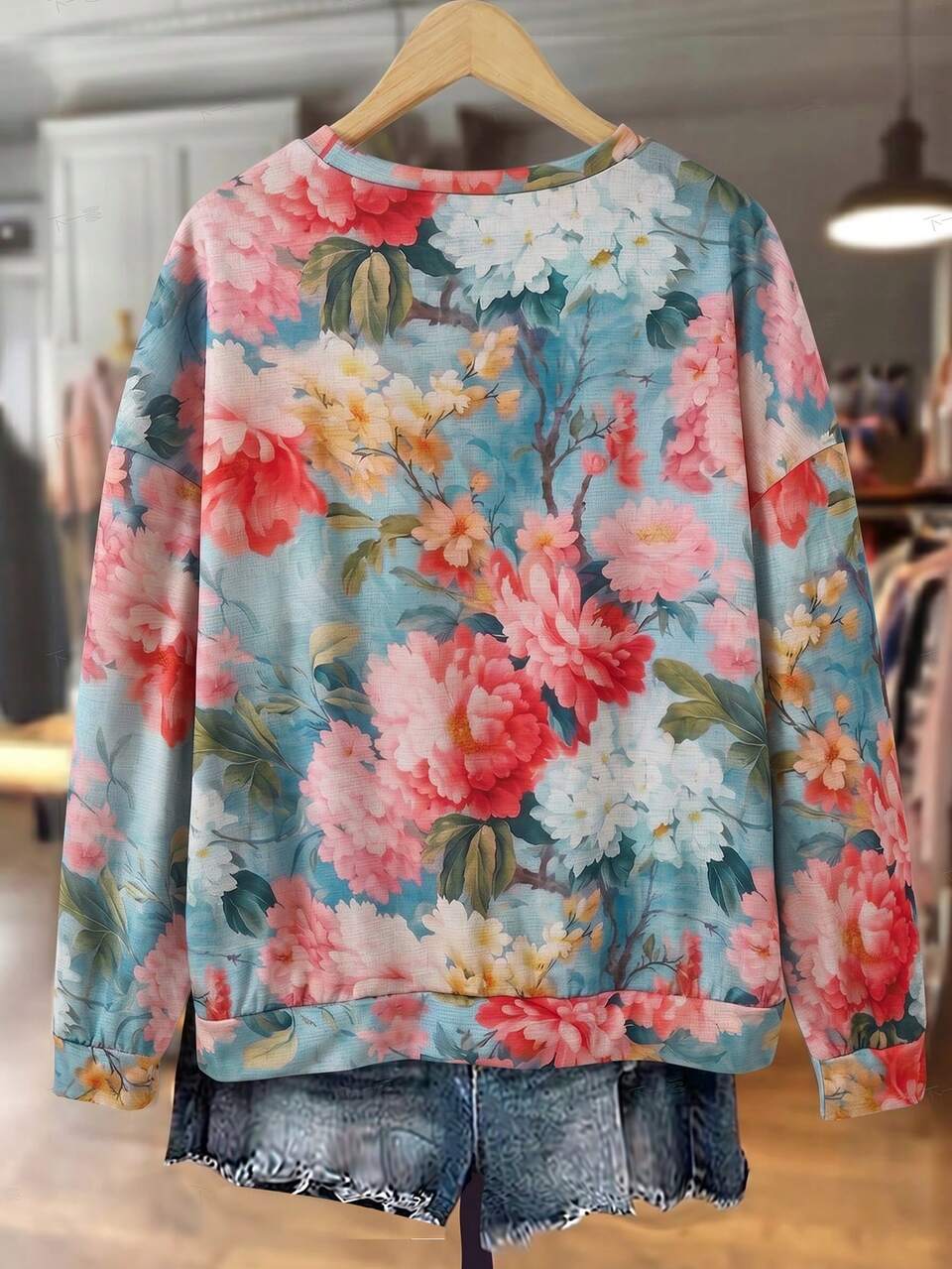 Plus Size Women's Floral Print Crew Neck Long Sleeve Casual Sweatshirt Winter