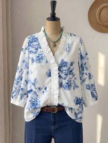 Rusticease 大尺碼度假休閒花卉印花荷葉邊襯衫 - 藍白色 - 查看 7