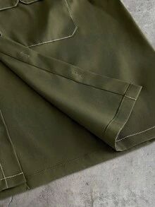 AXEPEAK Conjunto de camisa y pantalones cortos con estampado de letras para hombre - Verde militar - Ver 11