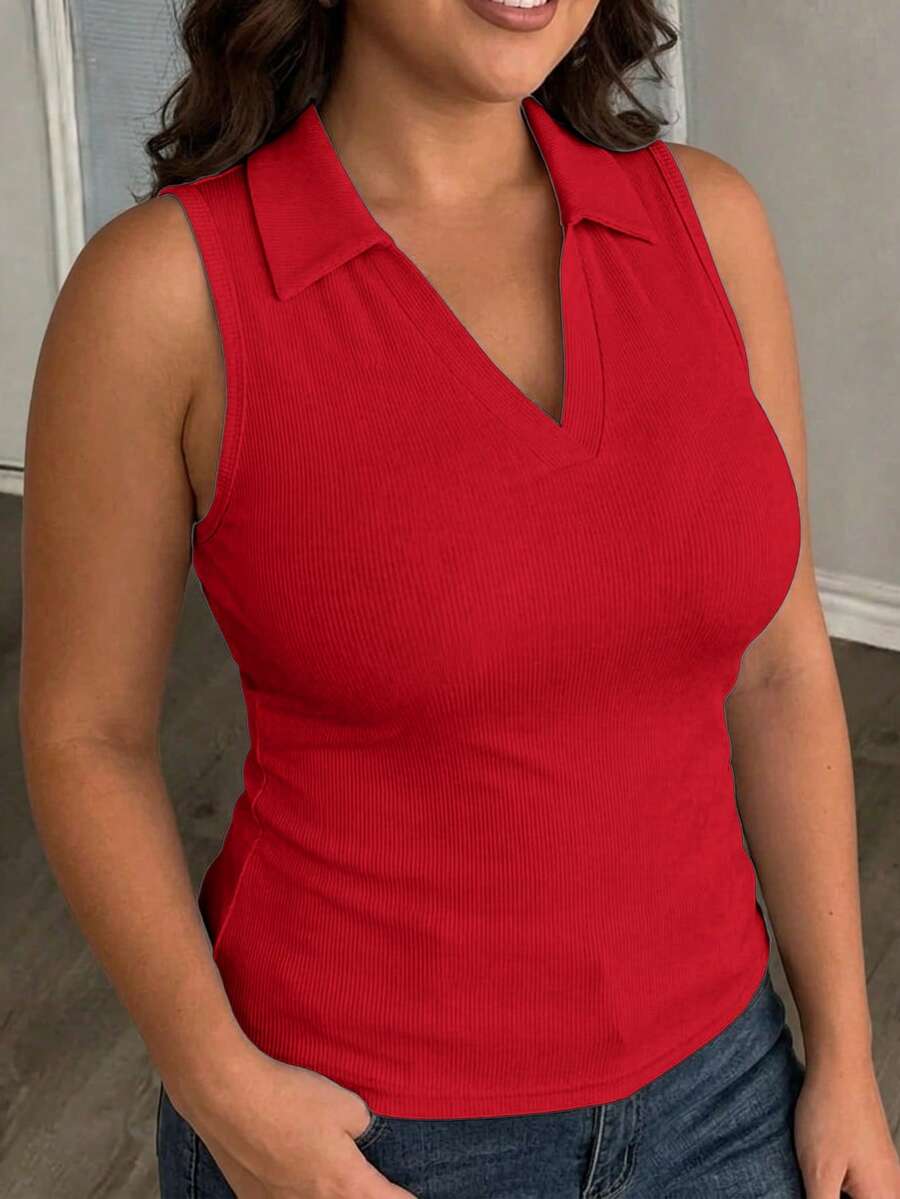 Slaydiva 2026春夏新品休閒基礎百搭白色修身純色V領POLO領無袖女款背心,適合約會、情人節、婚禮季、度假、海灘、波希米亞風、沙灘、開學季、日常穿搭、派對、下午茶、早午餐穿搭、機場穿搭、休閒街頭風-D - 紅色 - 查看 1