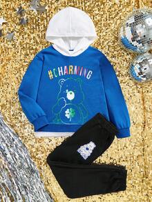 SHEIN X Care Bears Tween Boy Bear & Letter Graphic Hoodie & Sweatpants - Blue - View 3