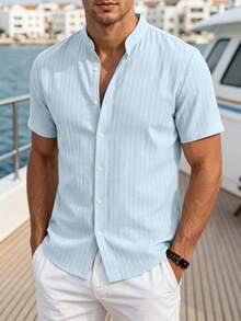 VENTUSAIL Men's Solid Colour Casual Short-Sleeve Shirt, Summer Vacation, Vintage Style For Men - Baby Blue - View 1