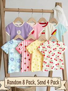 SHEIN 4pcs/Set Baby Girl Cute Fruit Print T-Shirts,Pink And White,Summer,Graduation,Short Sleeve Round Neck Tops,Casual Sweet Strawberry Lemon Cherry Tees - Multicolor - View 4