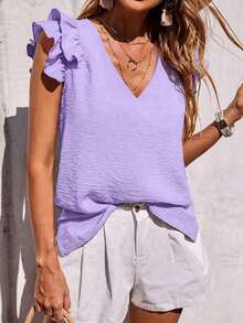 EMERY ROSE Summer Casual Solid Color Flutter Sleeve Blouse - Mauve Purple - View 3