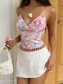 Aloruh Women's Y2K Floral Applique Decor Tassel Hem Sexy Fashion Camisole Tank Top, Romantic Floral Print Sequin Top, Glamorous Party Outfit, Music Festival Outfit, Women's Vacation Wear, Women's Going Out Top - Baby Pink - View 6