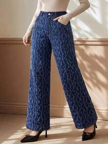 Anewsta Pantaloni da donna nuovi in tessuto jacquard blu denim a gamba dritta - Blu - Visualizzare 3