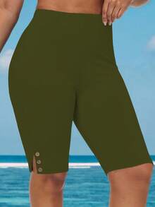 EMERY ROSE Plus Size Casual Versatile Solid Color High Waist Leggings - Green - View 3