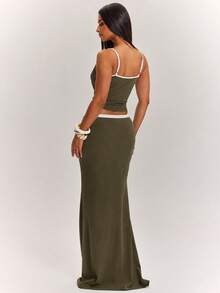 SHEIN BAE 2pcs Women's Casual Active Streetwear Vacation Colorblock Top And Long Mermaid Skirt Set, Suitable For Beach Brunch, Green And White, Summer - Army Green - View 2