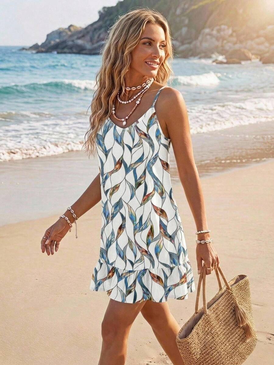 Sylviya Women's Printed Mini Ruffle Hem Camisole Dress Beach Vacation White Floral Summer Tropical - Multicolor - View 1