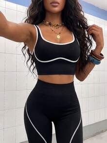 StreetHx 2件套女士黑色无缝紧身瑜伽健身背心和高腰撞色运动跑步紧身裤套装 - 黑色 - 查看 6
