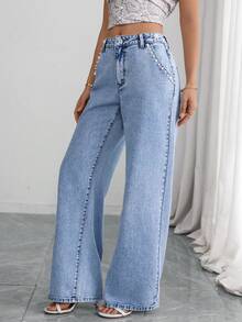 SHEIN Clasi Street Style Casual Light Blue Washed Versatile Button Rivet Detail Chain Hardware Wide Leg Straight Daily Wear Jeans For Women - Light Wash - View 2