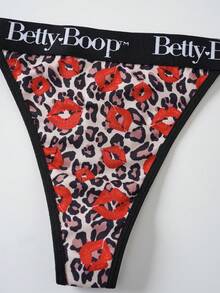 Betty Boop x SHEIN Women's Letter Waist Leopard Print Lip Graphic Fashion Thong - Brown - View 3