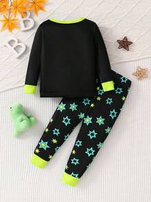 SHEIN Perso Play Bộ đồ ngủ dài tay và quần legging in hình khủng long 3D phát sáng trong bóng tối cho bé trai - màu đen - Xem 2