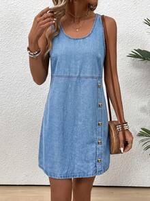 EMERY ROSE EMERY ROSE Women's Light Blue Sleeveless Denim Dress,Summer Casual Picnic Everyday Wear,Scoop Neck Side Button Placket A-Line Silhouette Light Wash Shift Mini - Blue - View 4