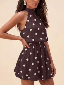 Travachic Women's Polka Dot Pleated Casual Elegant Daily Outing Halter Neck Dress Birthday Brown And White Polka Dot Summer - Coffee Brown - View 4