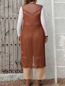 EMERY ROSE Plus Size Women's Solid Color Hollow Design Long Sleeveless Thin Cardigan For Vacation - Coffee Brown - View 2