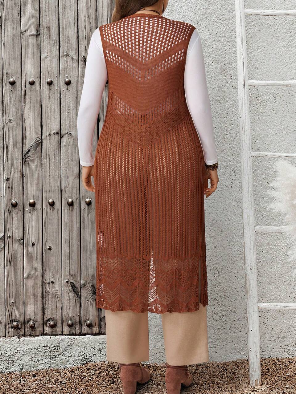 Plus Size Women's Solid Color Hollow Design Long Sleeveless Thin Cardigan For Vacation