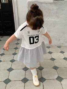 Dazy Kids 嬰兒/幼兒（女童）圓領條紋拼接短袖英文印花洋裝 - 灰色 - 查看 2