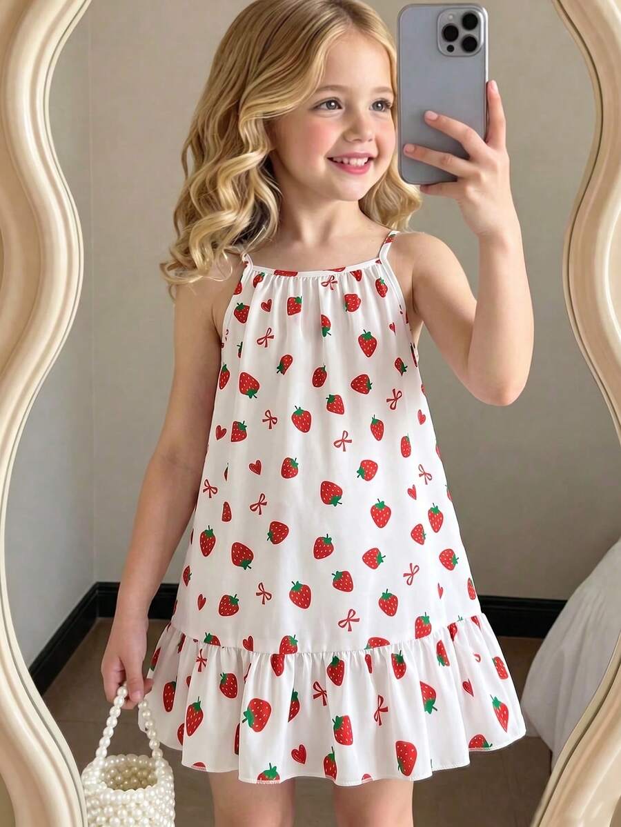 SHEIN Girls Autumn Strawberry Print Cami Dress, Spaghetti Strap Dress With Tiny Bows & Ruffled Hem For Daily Wear,  Park And Parent-Child Events - Multicolor - View 1