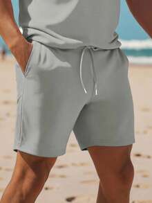Manfinity Dauomo Men's Solid Zip-Up Short Sleeve Polo Shirt And Pocket Shorts Set - Light Grey - View 3