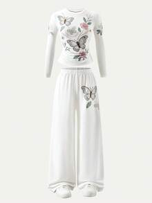 SHEIN Explorewe 青少年女孩花卉與蝴蝶印花T恤與長褲套裝 - 白色 - 查看 3