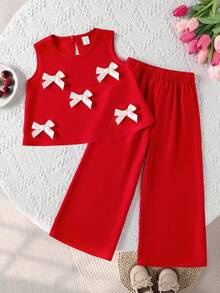 SHEIN Elladie kids 2pcs/Set Girls Toddler Fashion Cute 3D Bowknot Sleeveless Tank Top Cropped Pants Set, Versatile For Daily Wear, Vacation, Outings, Spring/Summer New - Red - View 2