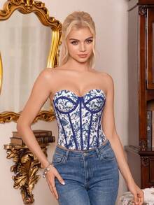 Myrelith Jacquard Woven Strappy Top With Underwire And Molded Body, 1pc - Blue and White - View 1