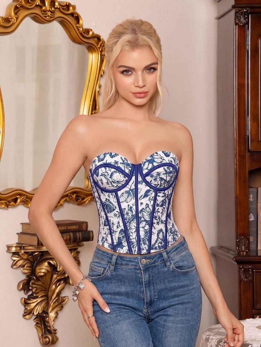 Myrelith Jacquard Woven Strappy Top With Underwire And Molded Body, 1pc - Blue and White - View 1