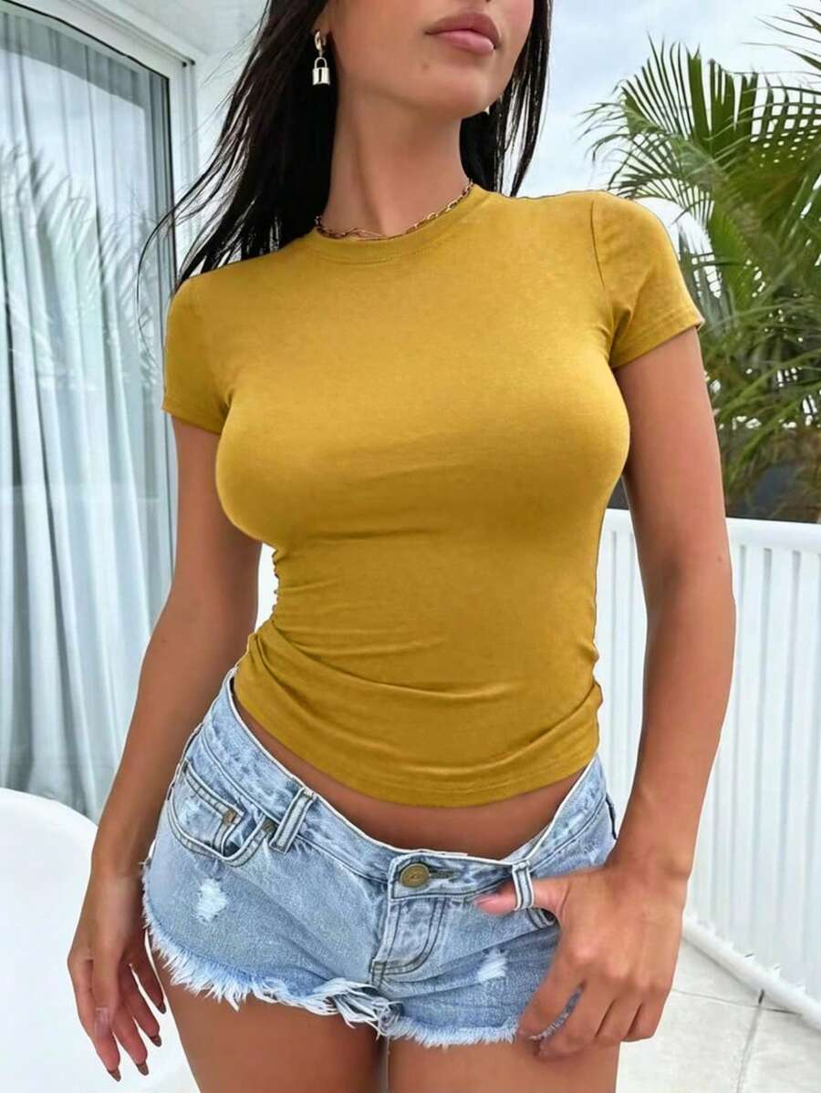 INAWLY Camiseta casual versátil de manga corta, cuello redondo, ajuste ceñido y unicolor para mujer - amarillo ganso - Ver 1